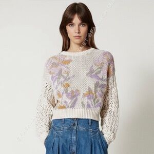 Magaschoni Floral Intarsia & Pointelle Knit Jacquard Sweater S Cottagecore Boho